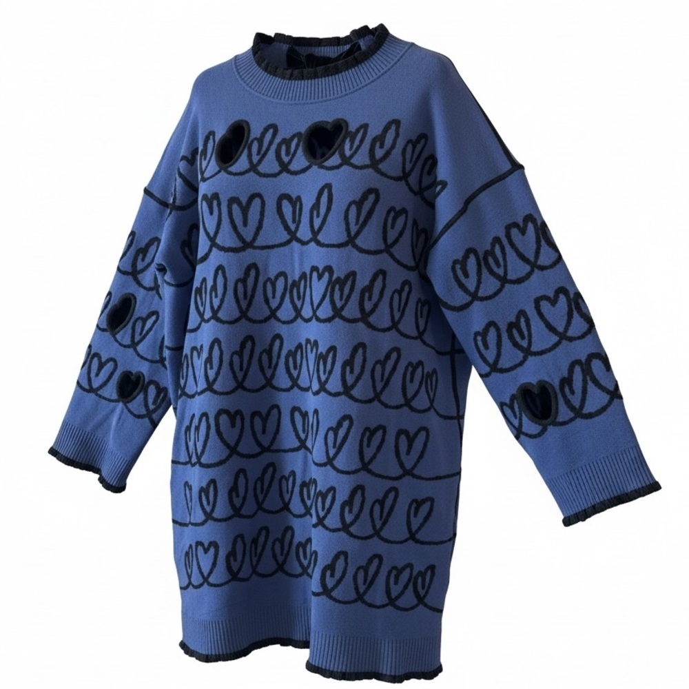 Fendi Scribble Heart Cut-Out Knit Wool-Blend Sweater Dress in Blue and Black